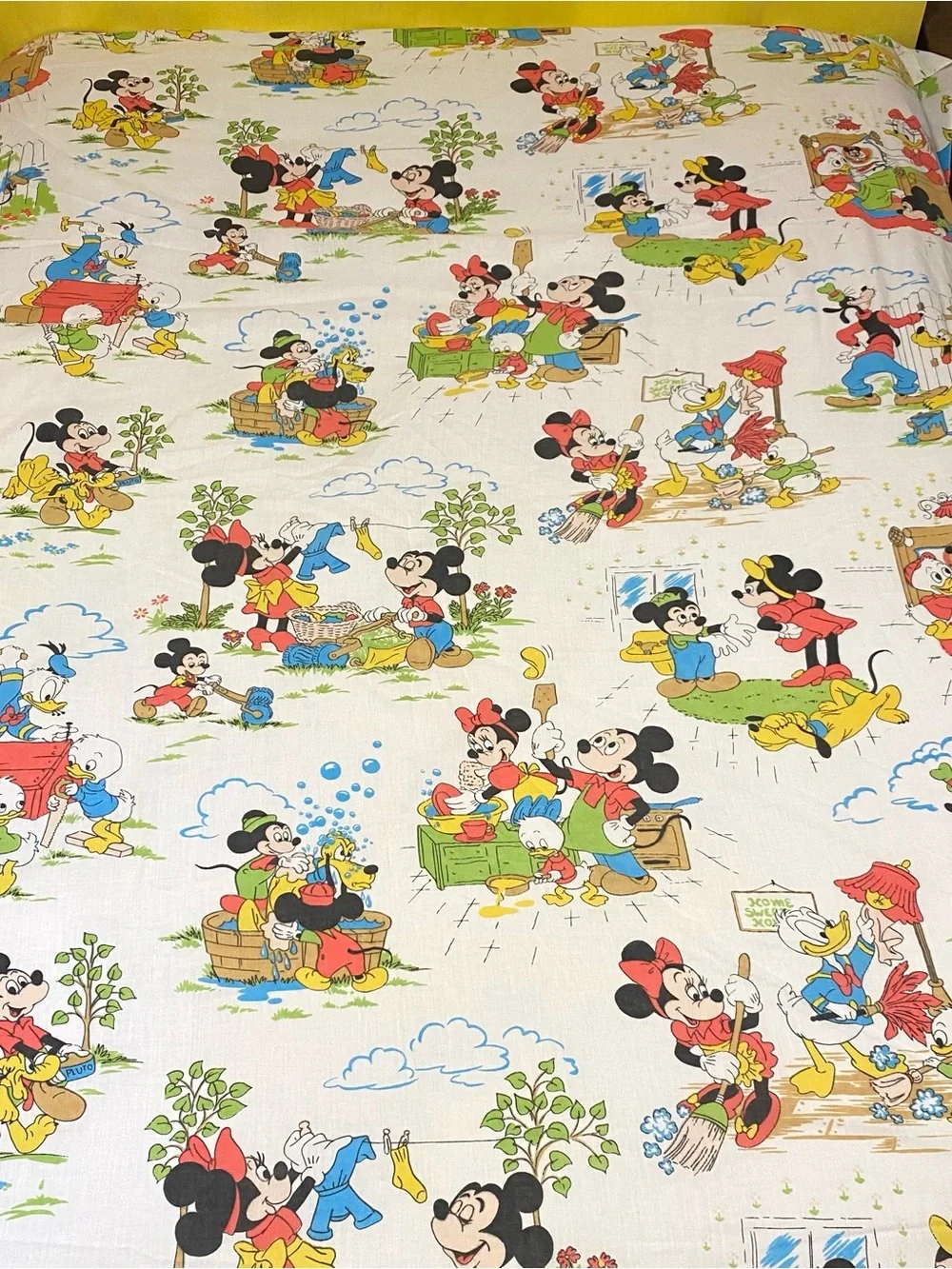 Vintage Disney Mickey and Friends Chores Print Twin Flat Sheet